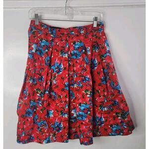 Talbots Pleated Midi Skirt Women Size 6P Red Blue Floral Fully Lined Zip Closure